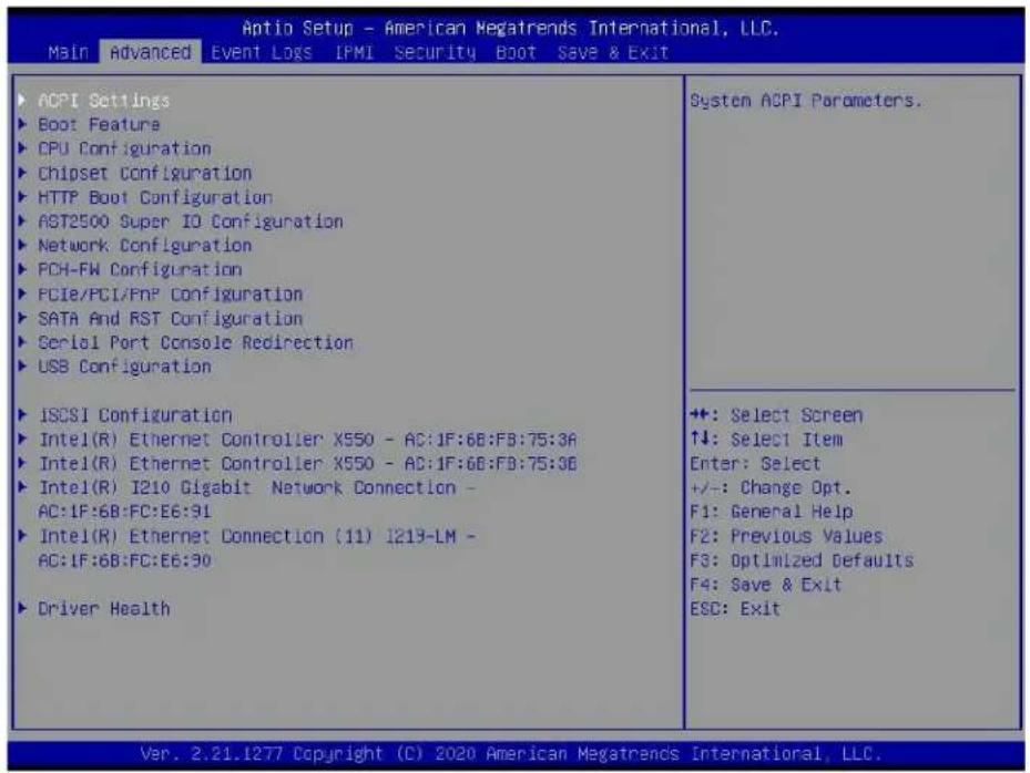 Aptio Setup - American Megatrends International, LLC. Main Advanced Event Logs IPMI Security Boot Save & Exit ACPI Settings Boot Feature CPU Configuration Chipset Configuration HTTP Boot Configuration AST2500 Super IO Configuration Network Configuration PCH-FW Configuration PCIe/PCI/FnP Configuration SATA And RST Configuration Serial Port Console Redirection USB Configuration iSCSI Configuration Intel(R) Ethernet Controller X550 - AC:1F:6B:FB:75:3A Intel(R) Ethernet Controller X550 - AC:1F:6B:FB:75:3B Intel(R) I210 Gigabit Network Connection - AC:1F:6B:FC:E6:91 Intel(R) Ethernet Connection (11) I219-LM - AC:1F:6B:FC:E6:90 Driver Health System ACPI Parameters. ++: Select Screen ↑↓: Select Item Enter: Select +/-: Change Opt. F1: General Help F2: Previous Values F3: Optimized Defaults F4: Save & Exit ESC: Exit Var. 2.21.1277 Copyright (C) 2020 American Megatrends International, LLC.