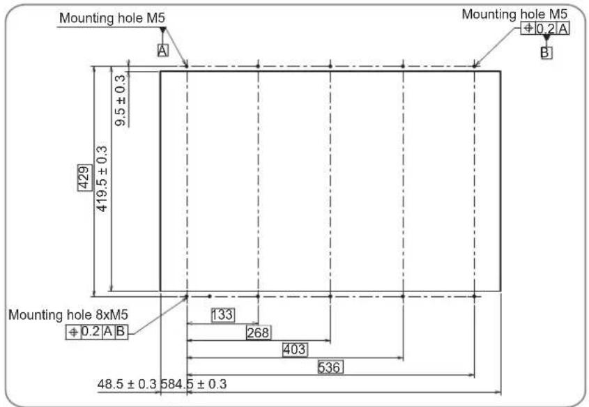 Mounting hole M5 A 9.5 ± 0.3 429 419.5 ± 0.3 Mounting hole M5 +0.2 A B Mounting hole 8xM5 +0.2 A B 133 268 403 536 48.5 ± 0.3 584.5 ± 0.3