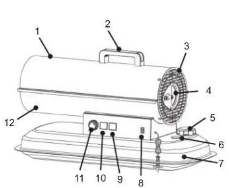 Labeled diagram of a portable gas stove or pressure vessel with numbered components