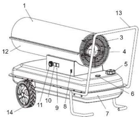 Technical diagram of a portable air purifier with numbered components for identification