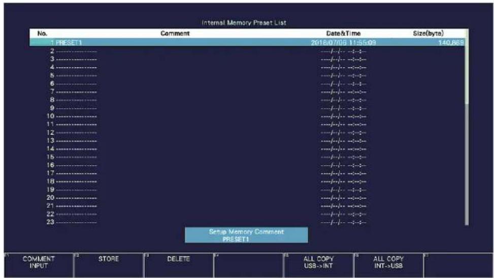 Internal Memory Preset List No. Comment Date&Time Size(byte) 1 PRESET1 2018/07/06 11:55:03 140.869 2 --------------------- --/---+/-- 3 ---------------------- --/---+/-- 4 ---------------------- --/---+/-- 5 ---------------------- --/---+/-- 6 ---------------------- --/---+/-- 7 ---------------------- --/---+/-- 8 ---------------------- --/---+/-- 9 ---------------------- --/---+/-- 10 ---------------------- --/---+/-- 11 ---------------------- --/---+/-- 12 ---------------------- --/---+/-- 13 ---------------------- --/---+/-- 14 ---------------------- --/---+/-- 15 ---------------------- --/---+/-- 16 ---------------------- --/---+/-- 17 ---------------------- --/---+/-- 18 ---------------------- --/---+/-- 19 ---------------------- --/---+/-- 20 ---------------------- --/---+/-- 21 ---------------------- --/---+/-- 22 ---------------------- --/---+/-- 23 ---------------------- --/---+/- - Setup Memory Comment PRESET1 COMMENT INPUT STORE DELETE ALL COPY USB->INT ALL COPY INT->USB