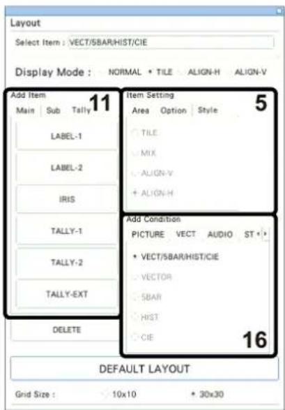 Layout Select Item : VECT/SBAR/HIST/CIE Display Mode : NORMAL • TILE • ALIGN-H • ALIGN-V Add Item 11 Main Sub Tally LABEL-1 LABEL-2 IRIS TALLY-1 TALLY-2 TALLY-EXT DELETE Item Setting 5 Area Option Style • TILE • MIX • ALIGN-V • ALIGN-H Add Condition PICTURE VECT AUDIO ST • • VECT/SBAR/HIST/CIE • VECTOR • SBAR • HIST • CIE 16 DEFAULT LAYOUT Grid Size : 10x10 • 30x30