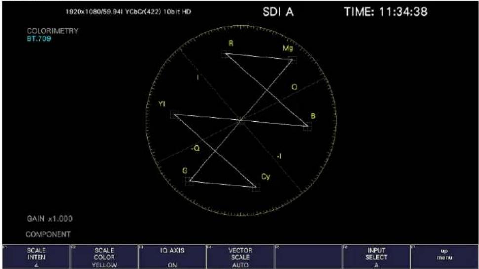 1920x1080/58.94I YCbCr(422) 10bit HD SDI A TIME: 11:34:38 COLORIMETRY BT.709 YI R Mg Q B -I G CY GAIN x1.000 COMPONENT SCALE INTEN 4 SCALE COLOR YELLOW IQ AXIS ON VECTOR SCALE AUTO INPUT SELECT A up menu
