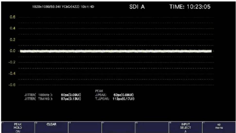 1920x1080/58.94I YCbCr(422) 10bit HD SDI A TIME: 10:23:05 JITTER( 100kHz ): 60ps(0.09UI) JITTER( TIMING ): 87ps(0.13UI) PEAK J.PEAK: 62ps(0.09UI) T.J.PEAK: 112ps(0.17UI) PEAK HOLD ON CLEAR INPUT SELECT A up menu