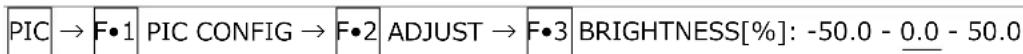 PIC → F•1 PIC CONFIG → F•2 ADJUST → F•3 BRIGHTNESS[%]: -50.0 - 0.0 - 50.0