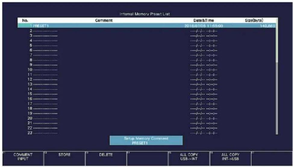 Internal Memory Preset List No. Comment Date&Time Size(bytes) 1 PRESET1 2018/07/06 11:55:00 140,86 2 --------------------- --/--- -/+ - 3 ---------------------- --/--- -/+ - 4 ---------------------- --/--- -/+ - 5 ---------------------- --/--- -/+ - 6 ---------------------- --/--- -/+ - 7 ---------------------- --/--- -/+ - 8 ---------------------- --/--- -/+ - 9 ---------------------- --/--- -/+ - 10 ---------------------- --/--- -/+ - 11 ---------------------- --/--- -/+ - 12 ---------------------- --/--- -/+ - 13 ---------------------- --/--- -/+ - 14 ---------------------- --/--- -/+ - 15 ---------------------- --/--- -/+ - 16 ---------------------- --/--- -/+ - 17 ---------------------- --/--- -/+ - 18 ---------------------- --/--- -/+ - 19 ---------------------- --/--- -/+ - 20 ---------------------- --/--- -/+ - 21 ---------------------- --/--- -/+ - 22 ---------------------- --/--- -/+ - 23 ---------------------- --/--- -/+ - Setup Memory Comment PRESET1 COMMENT INPUT STORE DELETE ALL COPY USB->INT ALL COPY INT->USB