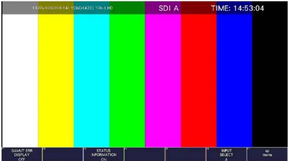 1920x108069.941 YCbCr(422) 10bit HD SDI A TIME: 14:53:04 GAMUT ERR DISPLAY OFF STATUS INFORMATION ON INPUT SELECT A up menu