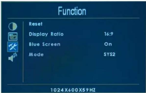Function Reset Display Ratio 16:9 Blue Screen On Mode SYS2 1024X600X59HZ