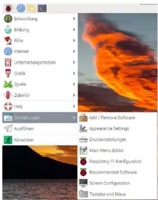 Entwicklung Bildung Büro Internet Unterhaltungsmedien Grafik Spiele Zubehör Help Einstellungen Ausführen Abmelden Add / Remove Software Appearance Settings Druckeinstellungen Main Menu Editor Raspberry Pi-Konfiguration Recommended Software Screen Configuration Tastatur und Maus