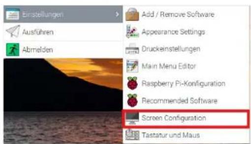 Einstellungen Add / Remove Software Ausführen Appearance Settings Abmelden Druckeinstellungen Main Menu Editor Raspberry Pi-Konfiguration Recommended Software Screen Configuration Tastatur und Maus