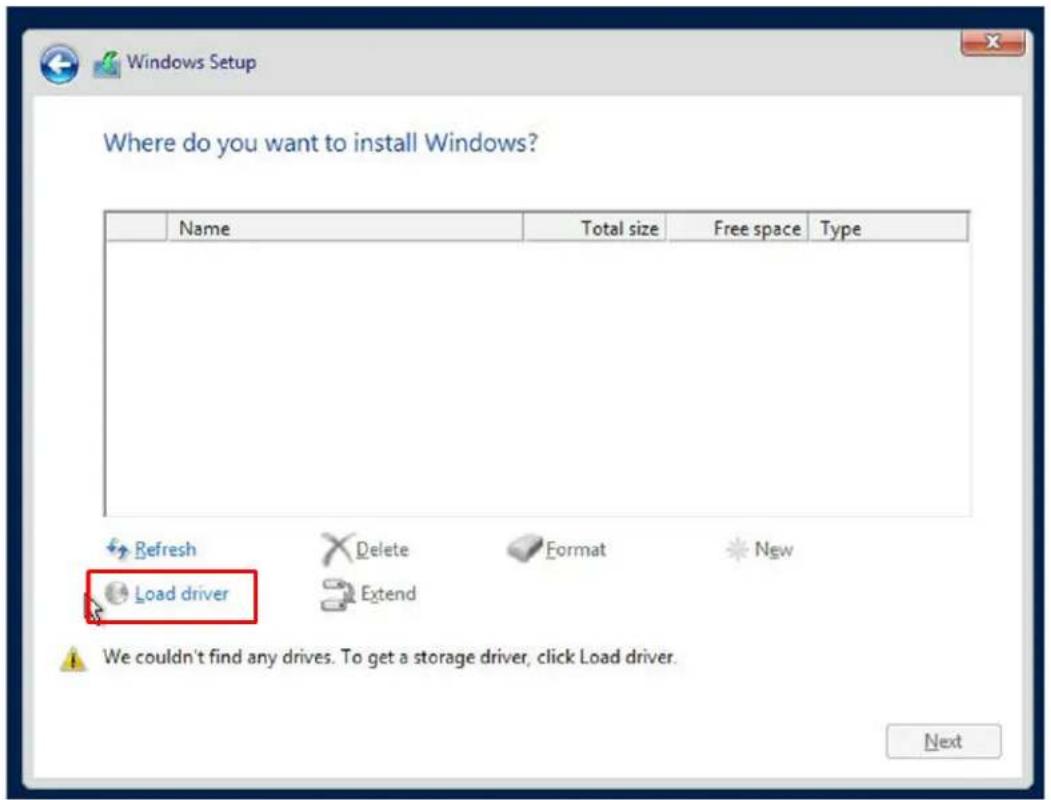 Where do you want to install Windows? Name Total size Free space Type Refresh Delete Format New Load driver Extend We couldn't find any drives. To get a storage driver, click Load driver. Next