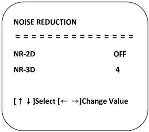 NOISE REDUCTION = = = = = = = = = = = = = NR-2D OFF NR-3D 4 [↑↓]Select [←→]Change Value