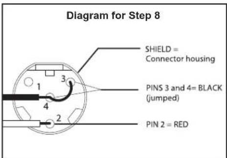 Diagram for Step 8 SHIELD = Connector housing PINS 3 and 4= BLACK (jumped) PIN 2 = RED
