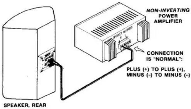 NON-INVERTING POWER AMPLIFIER SPEAKER, RAREAR CONNECTION IS "NORMAL": PLUS (+) TO PLUS (+), MINUS (-) TO MINUS (-)