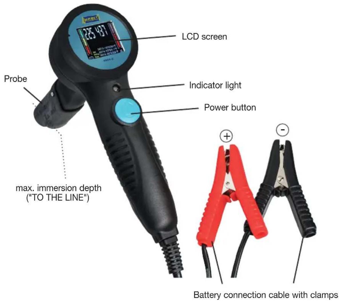 LCD screen Indicator light Power button Probe max. immersion depth ("TO THE LINE") Battery connection cable with clamps