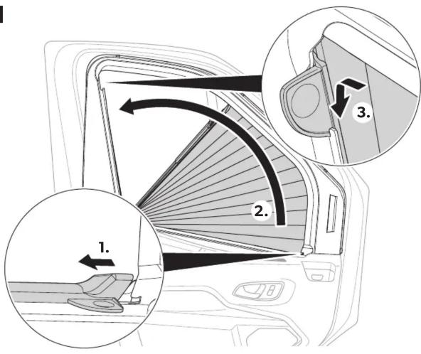 Diagram illustrating car seatbelt movement with numbered steps and directional arrows indicating motion