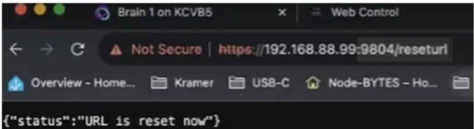 Brain 1 on KCVB5 Not Secure | https://192.168.88.99:9804/reseturl Overview - Home... Kramer USB-C Node-BYTES - Ho... {"status":"URL is reset now"}