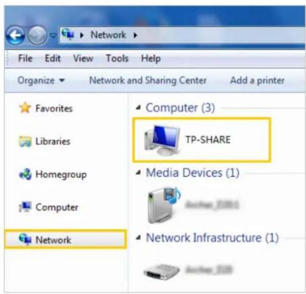 File Edit View Tools Help Organize Network and Sharing Center Add a printer Favorites Libraries Homegroup Computer Network Computer (3) TP-SHARE Media Devices (1) Network Infrastructure (1)