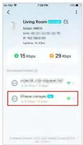 No SM 7:39 PM 47% Living Room Model: H8810 MAC IP: 192.16X.0.101 Uptime: 1h 42m 15 Kbps 29 Kbps Connected Clients (2) iPhone connections + 10 Kbps + 10 Kbps Premiere Veram: 0.20 3.00 mm/8.0 (Sub: 237.10 AM: 7.344)