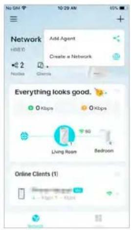 No SIM, 10:29 AM. Network. Add Agent. Create a Network. Nodes, Clients. Everything looks good. 0 Kbps, 0 Kbps. Living Room, 80, Bedroom. Online Clients (1)