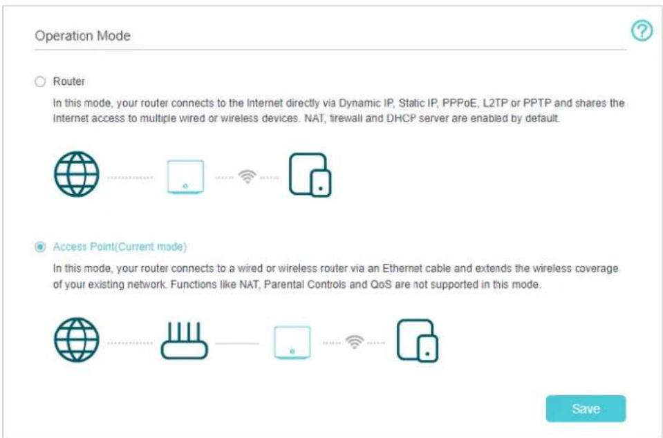 Operation Mode Router In this mode, your router connects to the Internet directly via Dynamic IP, Static IP, PPPoE, L2TP or PPTP and shares the Internet access to multiple wired or wireless devices. NAT, firewall and DHCP server are enabled by default. Access Point (Current mode) In this mode, your…