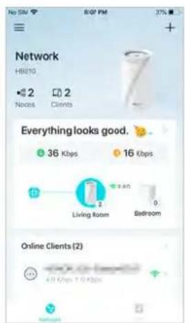 Network H8E10 2 Nodes 2 Clients Everything looks good. 36 Kbps 16 Kbps Living Room Bedroom Online Clients (2)