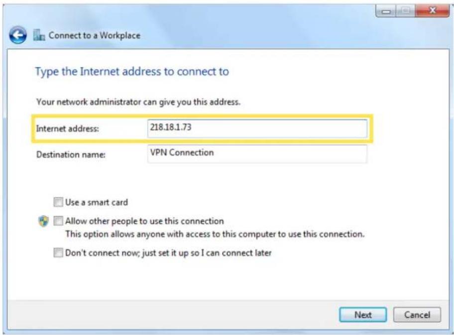 Connect to a Workplace Type the Internet address to connect to Your network administrator can give you this address. Internet address: 218.18.1.73 Destination name: VPN Connection Use a smart card Allow other people to use this connection This option allows anyone with access to this computer to use…