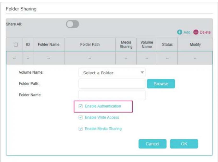 Folder Sharing Share All: ID Folder Name Folder Path Media Sharing Volume Name Status Modify Volume Name: Select a Folder Folder Path: Browse Folder Name: Enable Authentication Enable Write Access Enable Media Sharing Cancel OK