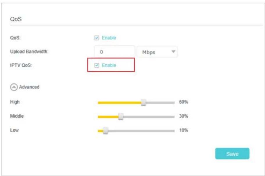 QoS QoS: Enable Upload Bandwidth: 0 Mbps IPTV QoS: Enable Advanced High 60% Middle 30% Low 10% Save