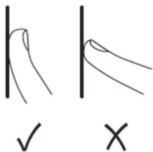 Hand-drawn diagrams showing correct and incorrect hand positions with checkmark and cross symbols