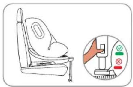 Diagram showing a car seat with a hand holding a switch, accompanied by a safety check icon with green checkmark and red cross.