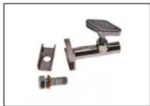 Mechanical clamp assembly with metal components and mounting bracket (no text or symbols visible)