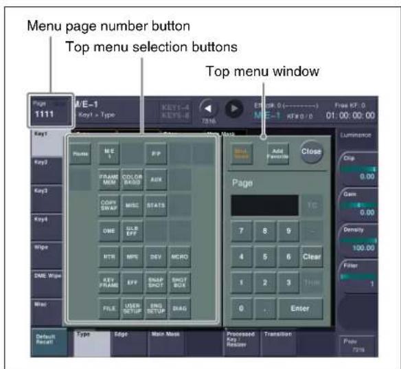 Menu page number button Top menu selection buttons Top menu window Page 1111 M/E-1 Key1 - Type KEY1-4 KEYS-8 T36 E#k 0 (----) ME-1 KF8 0 / 0 File KF. 0 01:00:00:00 Luminator Chip 0.00 Gen 0.00 Density 100.00 Filter 1 Page Add Favorite Close Page 7 8 9 Clear 4 5 6 1 2 3 Enter Default Recall Type Edge Main Mask Processed As Adjuster Transmter Page 73% KIF8 0 / 0