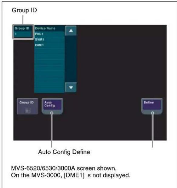 Group ID Group ID Device Name 1 PNL1 SWR1 DME1 Group ID Auto Config Define Auto Config Define MVS-6520/6530/3000A screen shown. On the MVS-3000, [DME1] is not displayed.
