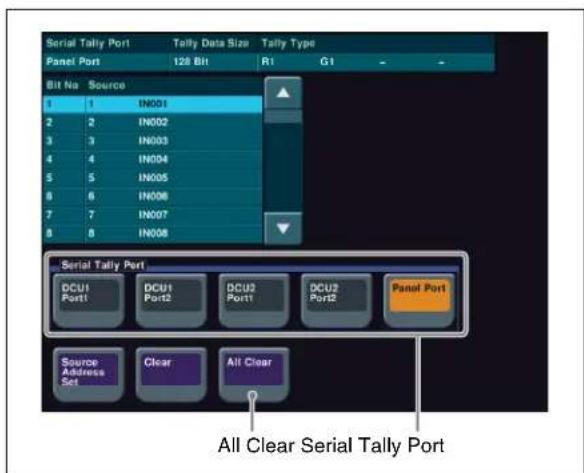 Serial Tally Port Tally Data Size Tally Type Panel Port 128 Bit R1 G1 Bit No Source 1 IN001 2 IN002 3 IN003 4 IN004 5 IN005 6 IN006 7 IN007 8 IN008 Serial Tally Port DCU1 Port1 DCU1 Port2 DCU2 Port1 DCU2 Port2 Panel Port Source Address Set Clear All Clear Serial Tally Port