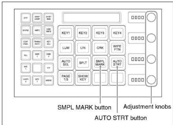 OFF SNAP SHOT SHEET INK MIND WPE GNE WPE KEY1 KEY2 KEY3 KEY4 LUM LIN CRK WIPE PTN AUTO SEL SPLT SMPL MARK AUTO STRT PAGE 1/3 SHOW KEY UWE 1 PPI UWE 2 SEV 1 MORE SMPL MARK button Adjustment knobs AUTO STRT button