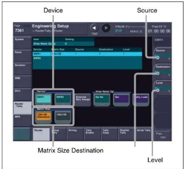 Device Source Engineering Setup > Router/Tally > Router T361 File KF: 0 01:00:00:00 System Item Setting Alias Name Op 0 Service Start Size Source Destination Level SWR1 SWSR2 Switcher DIME DCU Router Tally MPS Device SWR1 SWR2 External Box Assign Op No Set Ally Load Matrix Size 128m138 128m138 Router Tally Wlng Tally Enable Tally Copy Parallel Tally Serial Tally Prey T363 Matrix Size Destination Level