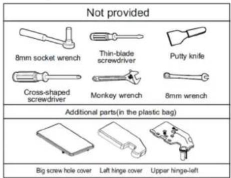 Not provided 8mm socket wrench Thin-blade screwdriver Putty knife Cross-shaped screwdriver Monkey wrench 8mm wrench Additional parts(in the plastic bag) Big screw hole cover Left hinge cover Upper hinge-left