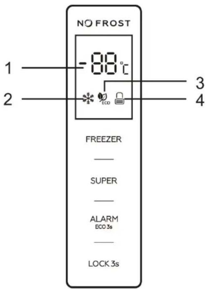 NO FROST -88°C 1 2 3 4 FREEZER — SUPER — ALARM ECO 3s — LOCK 3s