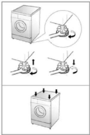 Illustration showing three steps of washing machine operation: adding a fan to a box, then adjusting the base with arrows indicating motion.