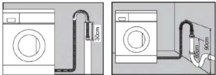 Diagram showing two household washing machines connected by a hose, with dimensions labeled in centimeters.