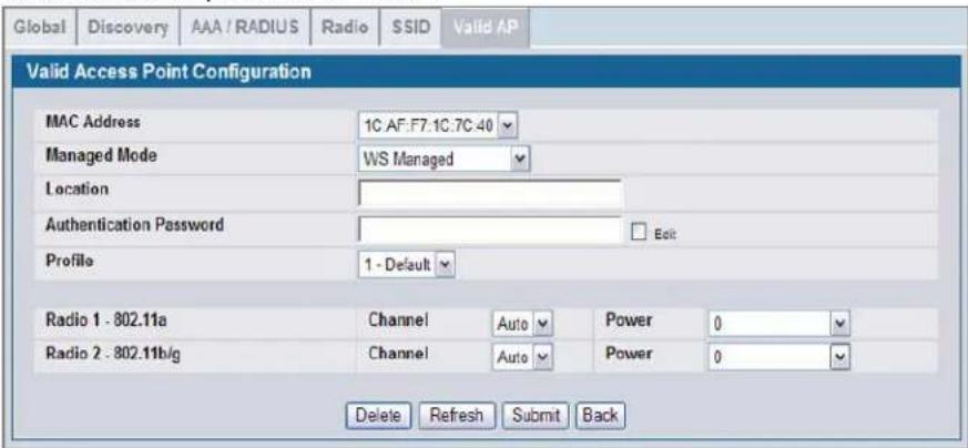 Global | Discovery | AAA / RADIUS | Radio | SSID | Valid AP | Valid Access Point Configuration MAC Address 1C AF: F7.1C.7C.40 Managed Mode WS Managed Location Authentication Password Profile 1 - Default Radio 1 - 802.11a Channel Auto Power 0 Radio 2 - 802.11b/g Channel Auto Power 0 Delete Refresh Submit Back