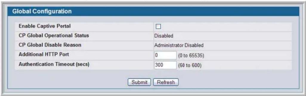 Global Configuration Enable Captive Portal CP Global Operational Status CP Global Disable Reason Additional HTTP Port Authentication Timeout (secs) Disabled Administrator Disabled 0 (0 to 65535) 300 (60 to 600) Submit Refresh