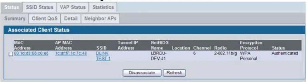 Status SSID Status VAP Status Statistics Summary Client QoS Detail Neighbor APs Associated Client Status MAC Address AP MAC Address SSID Tunnel IP NetBIOS Name Location Channel Radio Encryption Protocol Status 00.1d.d9:68.c0.e8 1c.af/f..1c.7c.40 DLINK LBRDU- DEV-41 6 2-802.11b/g WPA Authenticated TEST 1 Personal Disassociate Refresh