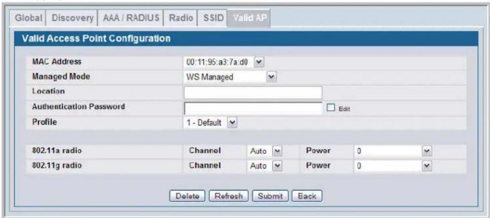 Global | Discovery | AAA / RADIUS | Radio | SSID | Valid AP | Valid Access Point Configuration MAC Address 00:11:95:a3:7a:d0 Managed Mode WS Managed Location Authentication Password Profile 1 - Default 802.11a radio Channel Auto Power 0 802.11g radio Channel Auto Power 0 Delete Refresh Submit Back