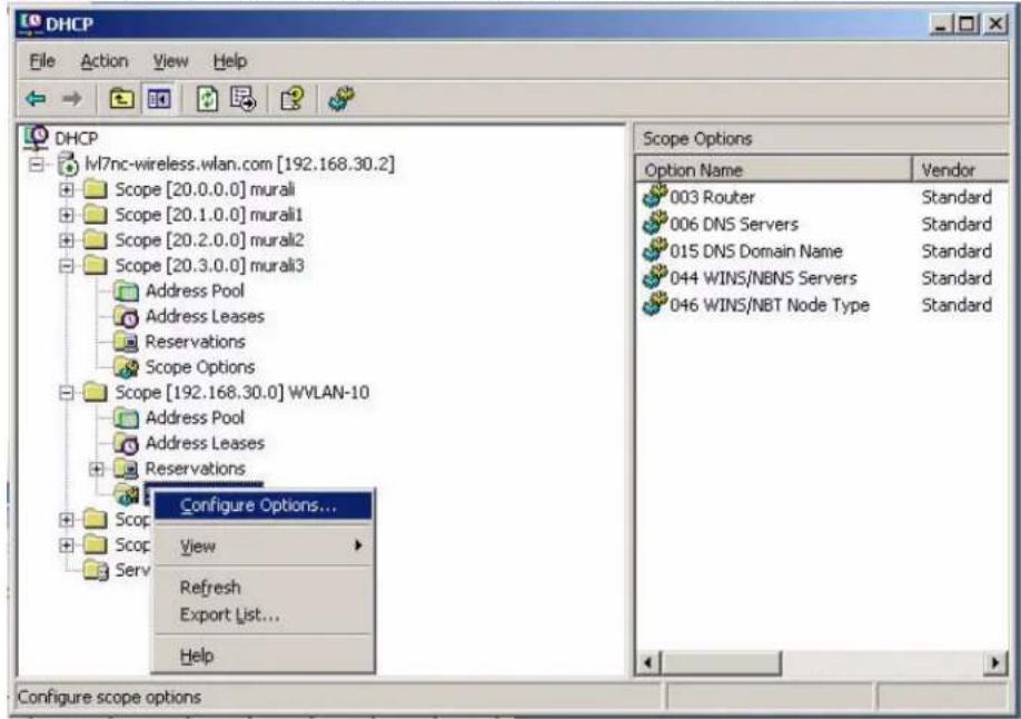 DHCP File Action View Help DHCP vl7nc-wireless.wlan.com [192.168.30.2] Scope [20.0.0.0] murali Scope [20.1.0.0] murali1 Scope [20.2.0.0] murali2 Scope [20.3.0.0] murali3 Address Pool Address Leases Reservations Scope Options Scope [192.168.30.0] WVLAN-10 Address Pool Address Leases Reservations Configure Options... View Refresh Export List... Help Scope Options Option Name Vendor 003 Router Standard 006 DNS Servers Standard 015 DNS Domain Name Standard 044 WINS/NBNS Servers Standard 046 WINS/NBT Node Type Standard Configure scope options