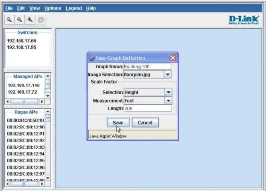 File Edit View Options Legend Help Switches 192.168.17.66 192.168.17.95 Managed APs 192.168.17.146 192.168.17.72 Rogue APs 00:00:34:20:50:10 00:02:BC:00:12:90 00:02:BC:00:12:91 00:02:BC:00:12:92 00:02:BC:00:12:93 00:02:BC:00:12:94 00:02:BC:00:12:95 00:02:BC:00:12:96 00:02:BC:00:12:97 00:02:BC:00:12:98 New Graph Definition Graph Name: Building 100 Image Selection: floorplan.jpg Scale Factor Selection Height Measurement Feet Length 300 Save Cancel Java Applet Window