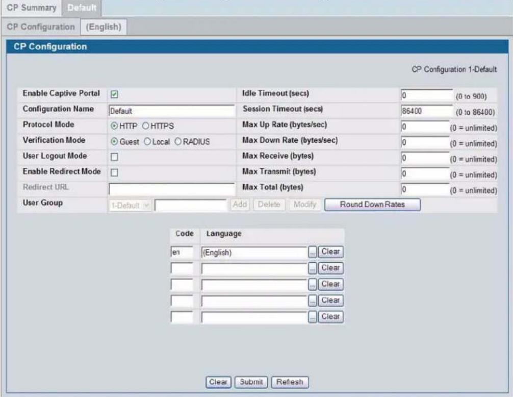 CP Summary Default CP Configuration (English) CP Configuration CP Configuration 1-Default Enable Captive Portal ✓ Idle Timeout (secs) 0 (0 to 900) Configuration Name Default Session Timeout (secs) 86400 (0 to 86400) Protocol Mode ○HTTP ○HTTPS Max Up Rate (bytes/sec) 0 (0 = unlimited) Verification Mode ○Guest ○Local ○RADIUS Max Down Rate (bytes/sec) 0 (0 = unlimited) User Logout Mode □ Max Receive (bytes) 0 (0 = unlimited) Enable Redirect Mode □ Max Transmit (bytes) 0 (0 = unlimited) Redirect URL User Group 1-Default Add Delete Modify Round Down Rates Code Language en (English) Clear Clear Clear Clear Clear Clear Clear Clear Clear Clear Clear Clear Clear Clear Submit Refresh