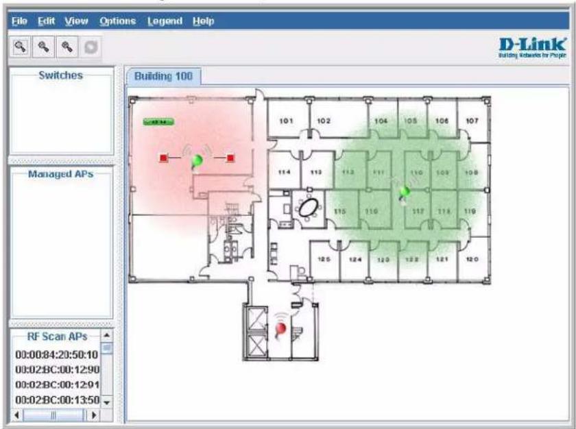 File Edit View Options Legend Help D-Link Building Modules for People Switches Building 100 Managed APs RF Scan APs 00:00:84:20:50:10 00:02:BC:00:12:90 00:02:BC:00:12:91 00:02:BC:00:13:50