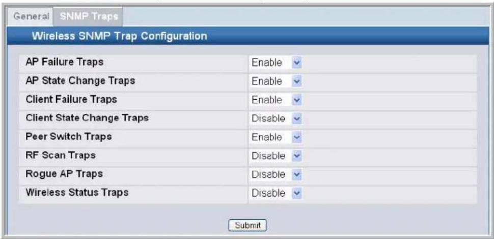 General SNMP Traps Wireless SNMP Trap Configuration AP Failure Traps Enable AP State Change Traps Enable Client Failure Traps Enable Client State Change Traps Disable Peer Switch Traps Enable RF Scan Traps Disable Rogue AP Traps Disable Wireless Status Traps Disable Submit